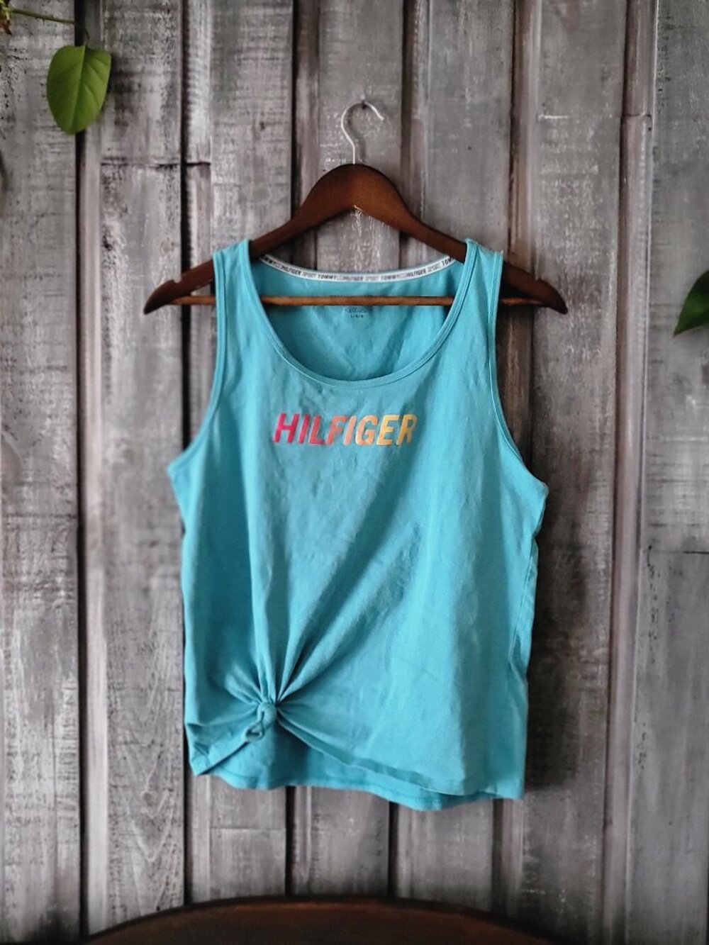Tommy Hilfiger Sport Turquoise Knot Front Tank Top Blue Graphic Logo Tee Large